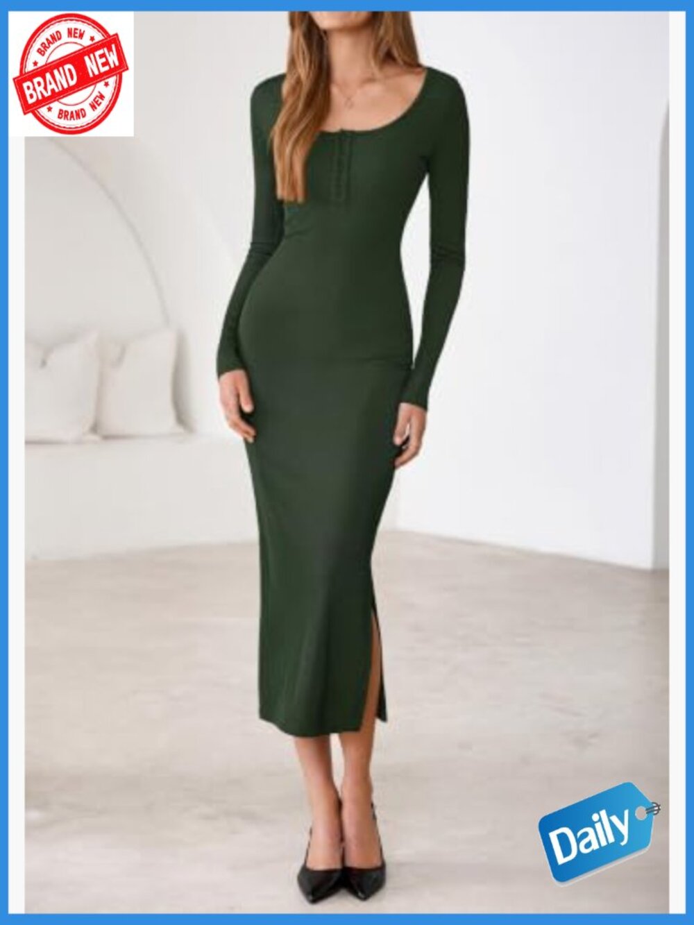 Long Sleeve Bodycon Maxi Dress Crew Neck Button Down Side Slit Knit - Picture 4 of 7